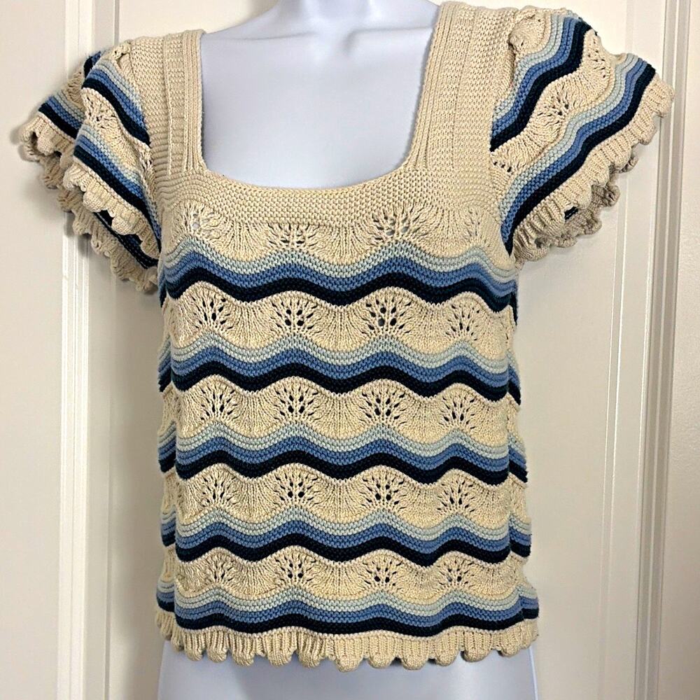 Jessica Simpson Women’s Ivory/Blue 100 % cotton Striped Square Neck Sweater L